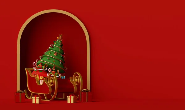 Feliz Navidad Feliz Año Nuevo Santa Claus Trineo Con Árbol — Foto de Stock