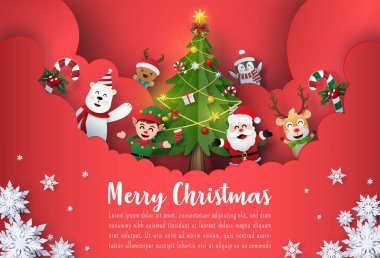 Origami Kağıt Sanatı Noel Baba 'nın Noel kartı afişi ve sevimli çizgi film karakteri, Mutlu Noeller ve Mutlu Yıllar