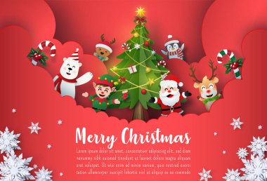Origami Paper art of Christmas postcard banner of Santa Claus and cute cartoon character, Merry Christmas and Happy New year clipart