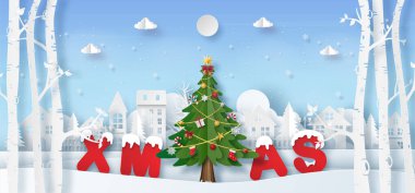 Yılbaşı afişi, Origami Kağıt Sanatı. Köyde Noel ağacı sanatı. XMAS sözcüğü, Mutlu Noeller ve Mutlu Yıllar.