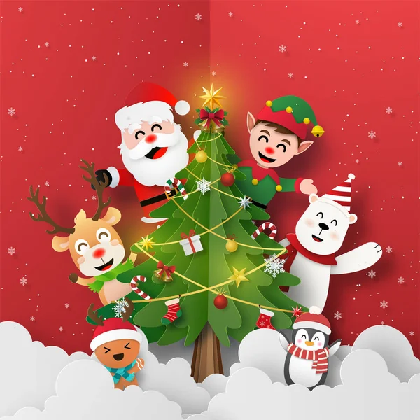 Origami Paper Art Santa Claus Friends Christmas Tree Merry Christmas — Stock Vector