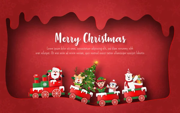 Origami Arte Papel Papá Noel Amigos Tren Navidad Fondo Banner — Archivo Imágenes Vectoriales