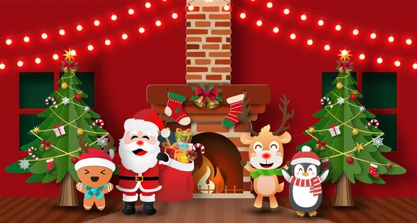 Paper Art Craft Style Christmas Party Santa Claus Friends Home — Stock Vector