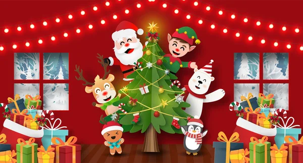클로스와 친구들과 집에서 크리스마스 크리스마스 뉴이어와 크리스마스 파티의 크레이프 스타일 — 스톡 벡터