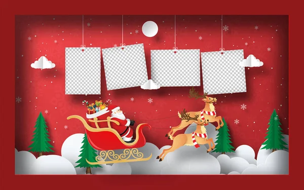 Origami纸制艺术空白照片与圣诞老人在雪橇的框架 明信片背景 — 图库矢量图片