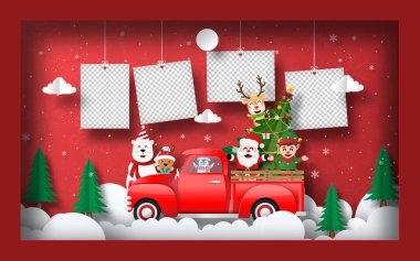 Origami Kağıt Sanatı Noel Baba ve arkadaşlarıyla boş fotoğraf çerçeveli bir Noel treninde, kartpostal arkaplanda