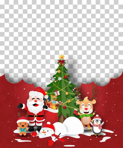 メリークリスマスとハッピーニューイヤー サンタクロースや友人とクリスマスツリーのクリスマスポストカード あなたのテキストや写真のための空白のスペース — ストックベクタ