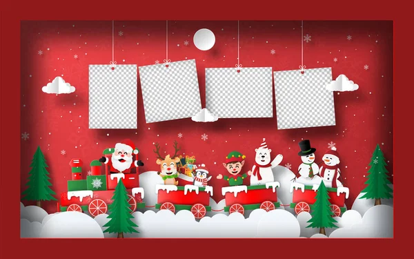 Origami Kağıt Sanatı Noel Baba ve arkadaşlarıyla boş fotoğraf çerçeveli bir Noel treninde, kartpostal arkaplanda