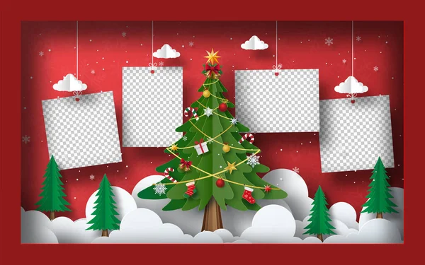 Noel kartı afişi, çerçevesinde Noel ağacı olan boş bir fotoğraf.