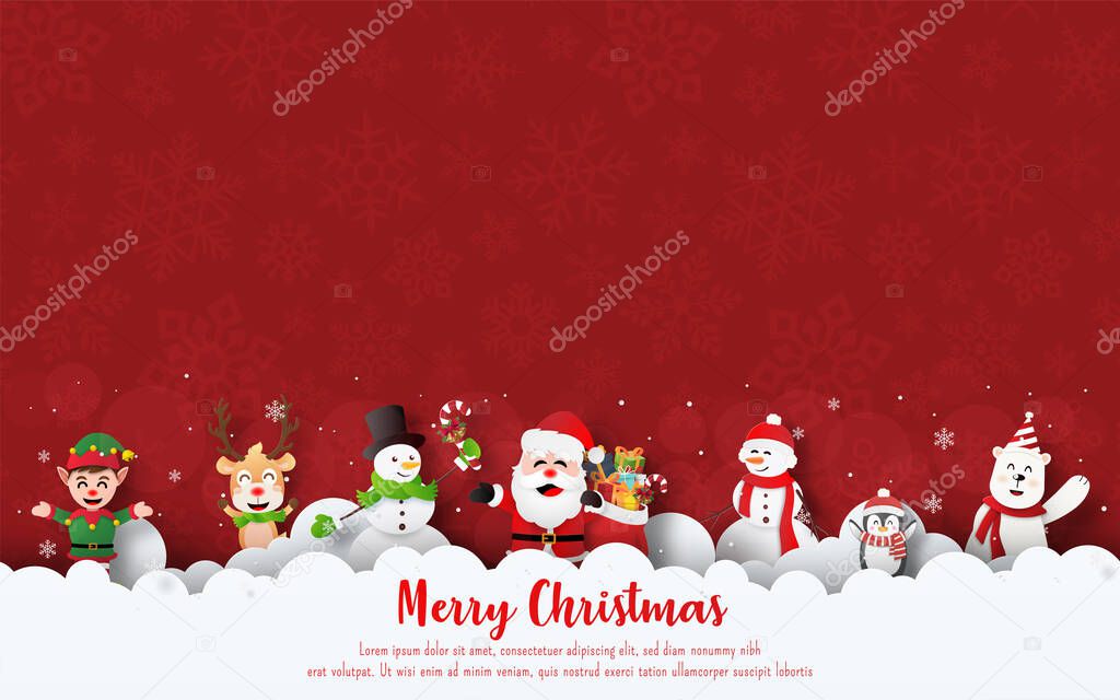 Merry Christmas and Happy New Year, Christmas banner postcard of Christmas party with Santa Claus and friends on the sky with blank space