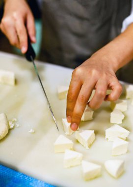 Şef yemek pişirmek, tofu yemek yemek mutfakta taze tofu Şef Dilimleme