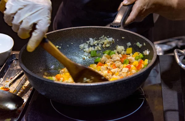 Chef Cooking Food Kitchen Stir Fried Vegetables Pan — Stock Photo, Image