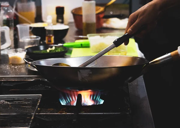 Chef Cooking Food Kitchen Stir Fried Vegetables Pan — Stock Photo, Image