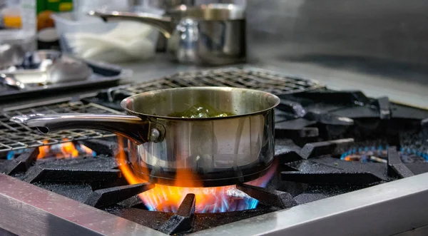 Повар Приготовление Пищи Приготовление Супа Серебряной Кастрюле Газе Кухонная Посуда — стоковое фото