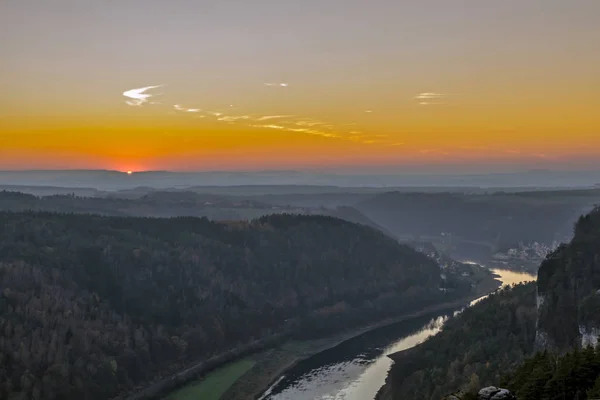 Долині Річки Ельби Заході Сонця Панорама Висоти Гір Bastei Скельні — стокове фото