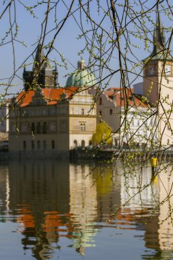  Tomurcukları Vltava Nehri ve Charles Köprüsü, Prag karşı açın. Bahar günü City, Prague, Çek Cumhuriyeti