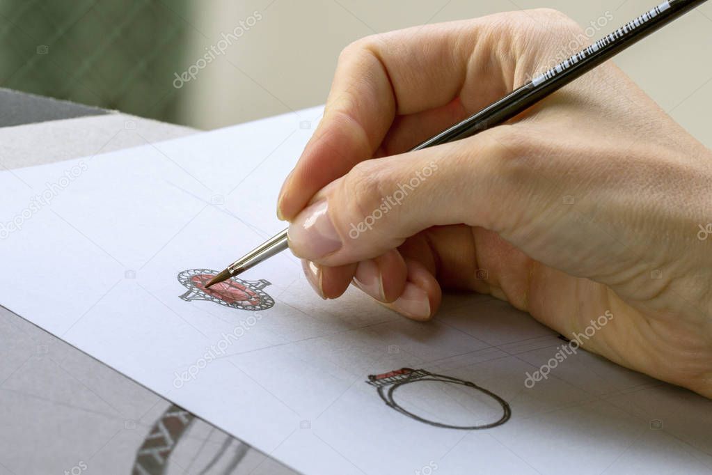 Drawing Jewelry Design. Artist designer drawing sketch jewelry on paper . Design Studio. Creativity Ideas.