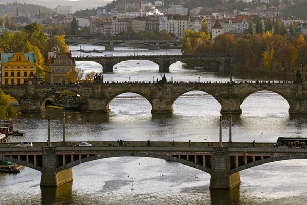 Vista Pontes Vltava Parque Letna Outono Cénico República Checa Europa — Fotografia de Stock