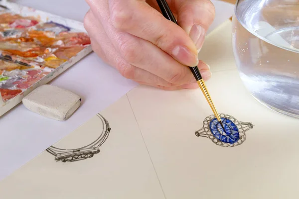 Drawing Jewelry Design Kreslím Náčrtky Šperků Papír Myšlenky Kreativity Design Stock Fotografie