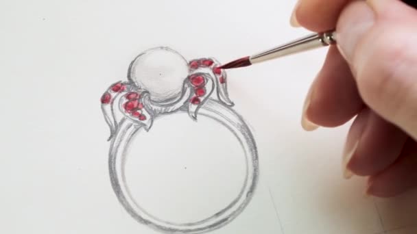 Menggambar Perhiasan Sketsa Atas Kertas Menggambar Desain Perhiasan Desain Studio — Stok Video