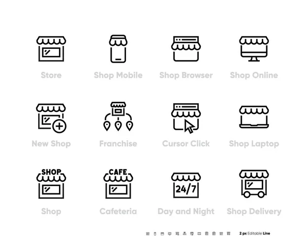 Store oder Shop Icon Set. Franchise-Unternehmen und Online-Shopping Interaktion, Klicken, Kaufen, Lieferung. Vektorbearbeitbare Linie Shop-Symbol. lizenzfreie Stockvektoren
