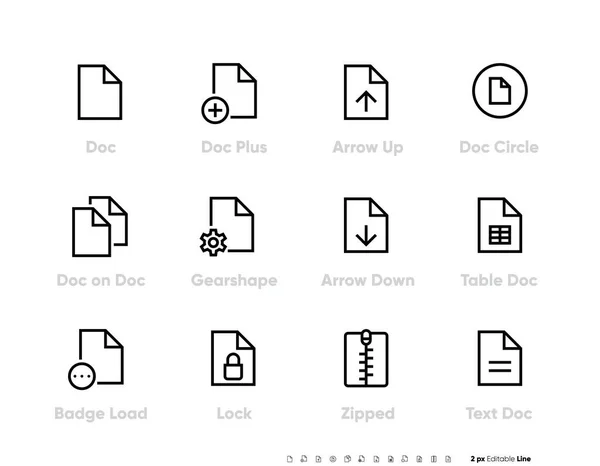 Liniensymbole setzen, Vektorsymbole umreißen und Piktogrammpaket bearbeiten. Die Sammlung umfasst Symbole wie doc, file, table, lock, zipped file, text. Schilder, Logo-Illustration. — Stockvektor