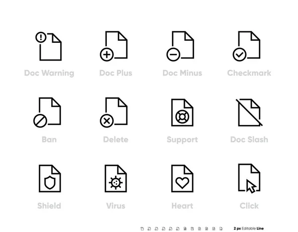 Conjunto de ícones File e Document Management. Ilustração vetorial. inclui ícones como aviso, marca de seleção, proibição, excluir, suporte, vírus, clique no arquivo. Perfeito Pixel Outline Sinais, ícones do logotipo . —  Vetores de Stock