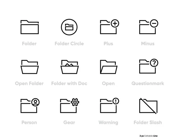 Ordner Verwandte Liniensymbole gesetzt, Umrissvektorsymbol. Die Sammlung umfasst Symbole wie Ordnerkreis, Ordner öffnen, Fragezeichen, Person, Zahnrad, Warnung, Schrägstrich-Ordner. Schilder, Logoabbildungen. Redaktion — Stockvektor
