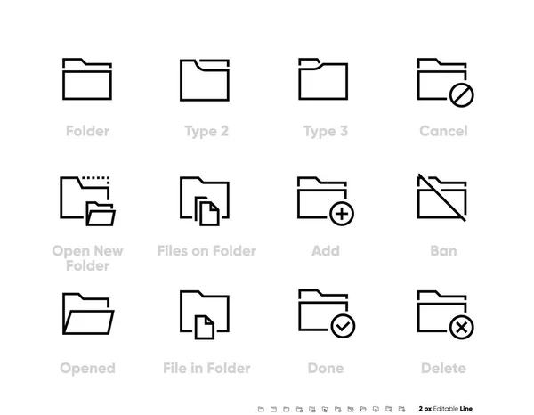 Définir les icônes de ligne des dossiers. Annuler, Ouvrir un nouveau dossier, Ajouter, Interdire, Ouvert, Fichier, signes vectoriels, illustrations de logo. Décrivez le symbole vectoriel. 48x48 Pixel parfait. AVC modifiables. — Image vectorielle