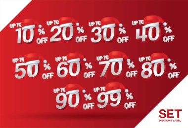 Noel indirimli satış set 10,20,30,40,50,60,70,80,90,99 yüzde kırmızı etiket sette (vektör) ile santa claus şapka. Kış tatil indirim fırsatı. Vektör illüstrasyon izole kırmızı zemin üzerine.