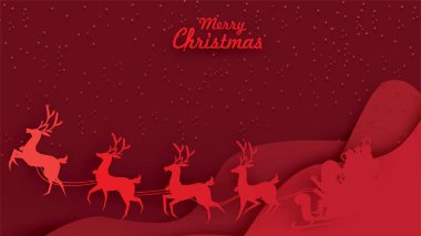 Mutlu Noeller ve mutlu yeni yıl. Noel Baba Ren geyiği kızağı ve çanta, hediye, kağıt sanat ve dijital el sanatları tarzı ile gökyüzü üzerinde gösterimi