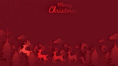 Mutlu Noeller ve mutlu yeni yıl. Noel Baba Ren geyiği kızağı ve çanta, hediye, kağıt sanat ve dijital el sanatları tarzı ile gökyüzü üzerinde gösterimi