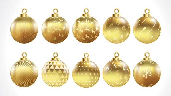 Set Vector Gold Christmas Balls Ornaments Golden Collection Isolated Realistic — Stock Vector