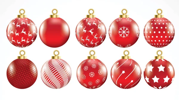 Set Vector Gold Red Christmas Balls Ornaments Golden Collection Isolated — Stock Vector
