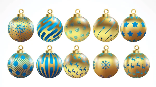 Set Aus Vektor Gold Und Blauen Weihnachtskugeln Mit Ornamenten Goldene — Stockvektor