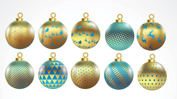 Set Aus Vektor Gold Und Blauen Weihnachtskugeln Mit Ornamenten Goldene — Stockvektor