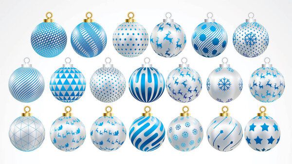 Set of vector gold,silver and blue christmas balls with ornaments. golden collection isolated realistic decorations. Vector illustration on white background.