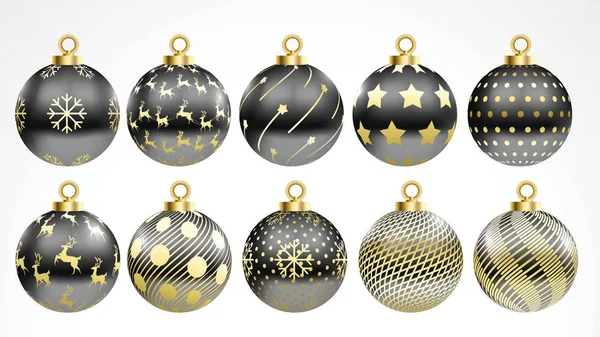 Set Aus Vektor Gold Und Schwarzen Weihnachtskugeln Mit Ornamenten Goldene — Stockvektor