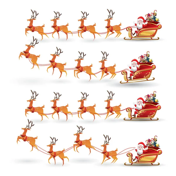 圣诞节圣诞老人的卡通收藏骑驯鹿雪橇与不同的姿势情绪 在白色背景查出的向量集合例证 — 图库矢量图片
