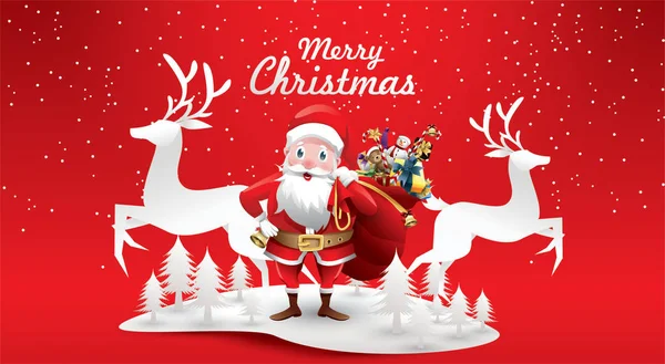 Buon Natale Felice Anno Nuovo Renna Babbo Natale Con Sacco — Vettoriale Stock