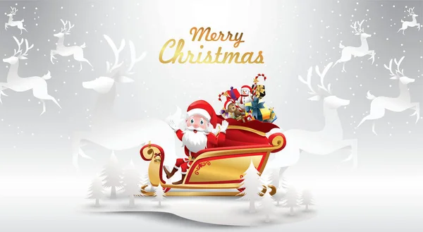 Neşeli Noel ve mutlu yeni Year.Santa Claus sürmek Ren geyiği kızak ile hediyeler Noel kar sahnesinde bir çuval var. vektör çizim tebrik kartı poster yatay afiş kağıt sanat kavramı