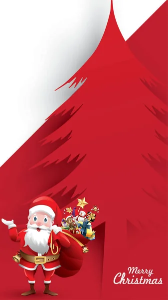 Neşeli Noel ve mutlu yeni yıl kırmızı xmas çam ağacı ve santa kağıt sanat stil stil vektör çizim, tatil dekorasyon kart tasarımı, afiş, poster ve davet arka plan kesmek