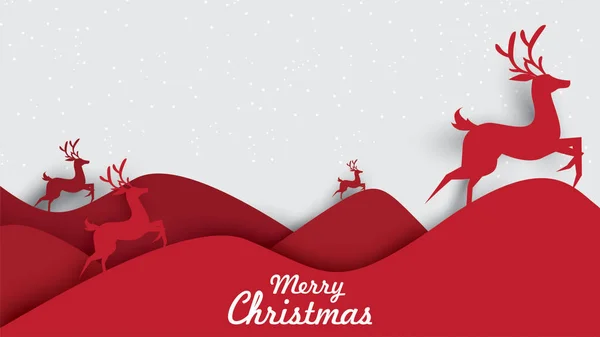 Mutlu Noeller ve mutlu yeni yıl. Noel Baba Ren geyiği kızağı ve çanta, hediye, kağıt sanat ve dijital el sanatları tarzı ile gökyüzü üzerinde gösterimi
