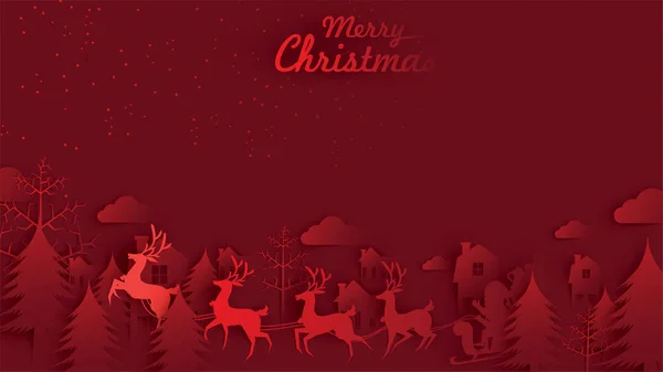 Mutlu Noeller ve mutlu yeni yıl. Noel Baba Ren geyiği kızağı ve çanta, hediye, kağıt sanat ve dijital el sanatları tarzı ile gökyüzü üzerinde gösterimi