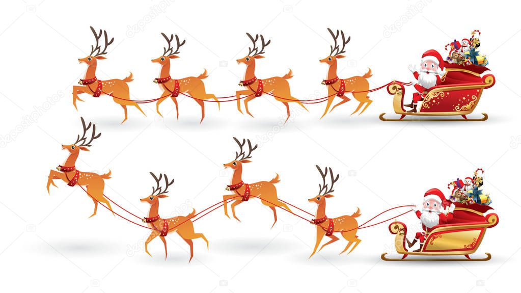 Cartoon collection of Christmas Santa Claus rides reindeer sleigh on Christmas with different pose emotion. Vector set illustration isolated on white background