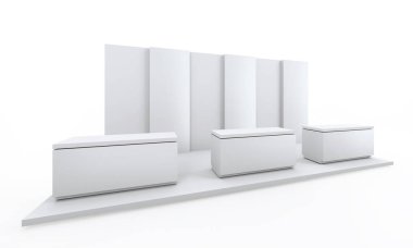 Sergi stand düz beyaz mock-up ve markalaşma ve kurumsal identity.3d için kullanılan illüstrasyon render. modern yaratıcı tasarım reklam alanı arka plan