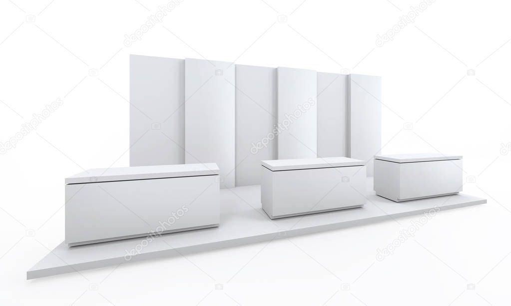 Exhibition stand plain white used for mock-up and branding and Corporate identity.3d render illustration. modern creative design advertising space on background