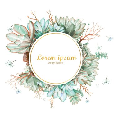 Yeşil renkli succulents tasarım vektör çerçeve yuvarlak. Çelenk yeşil renkli sulu Echeveria izole ve düzenlenebilir. Grafik düğün kaktüs ile ayarla