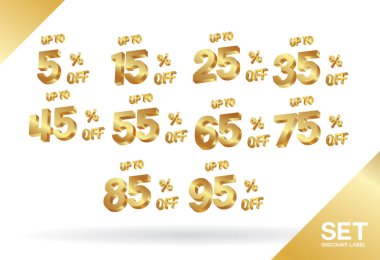Satılık etiketler vektör rozetleri şablon, 5 kapalı, % 15, 25, 35, 45, 55, 65, 75, 85, 95, ayarla yüzde Satılık etiket sembolleri, indirim promosyonu 3 boyut altın, Promo etiketi indirim teklif
