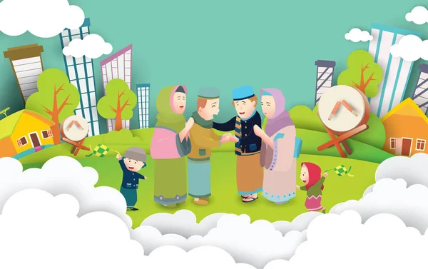 Εικονογράφηση Διάνυσμα Eid Μουμπάρακ Οικογενειακό Χαρακτήρα Εικονογράφηση Διάνυσμα Για Ευχετήρια — Διανυσματικό Αρχείο